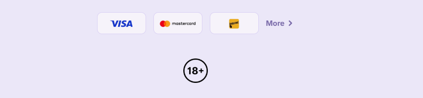 Casino footer showing Visa, Mastercard, and Jeton payment icons, a “More” link, and an 18+ age restriction badge on a light grey background.