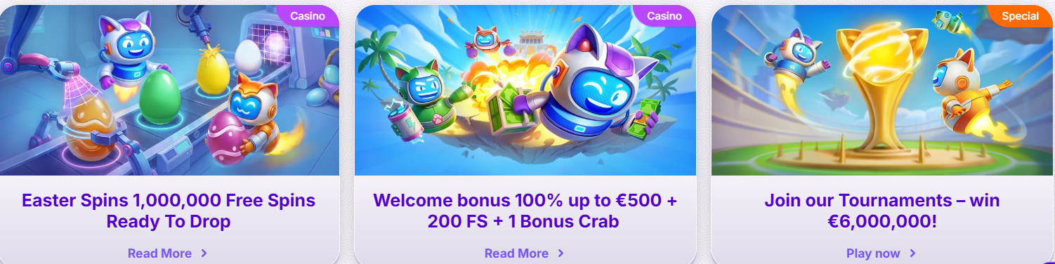 Casino promo cards featuring RoboCat-themed offers, including an Easter Spins free spins campaign, a welcome bonus of 100% up to €500 plus 200 free spins and 1 Bonus Crab, and a tournament promotion with a €6,000,000 prize pool.