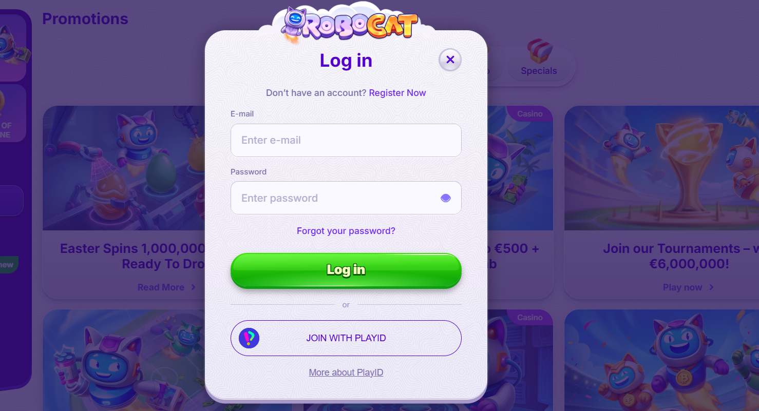 Login popup for RoboCat casino with email and password fields, a bright green “Log in” button, a PlayID sign-in option, and a blurred promotions page in the background.
